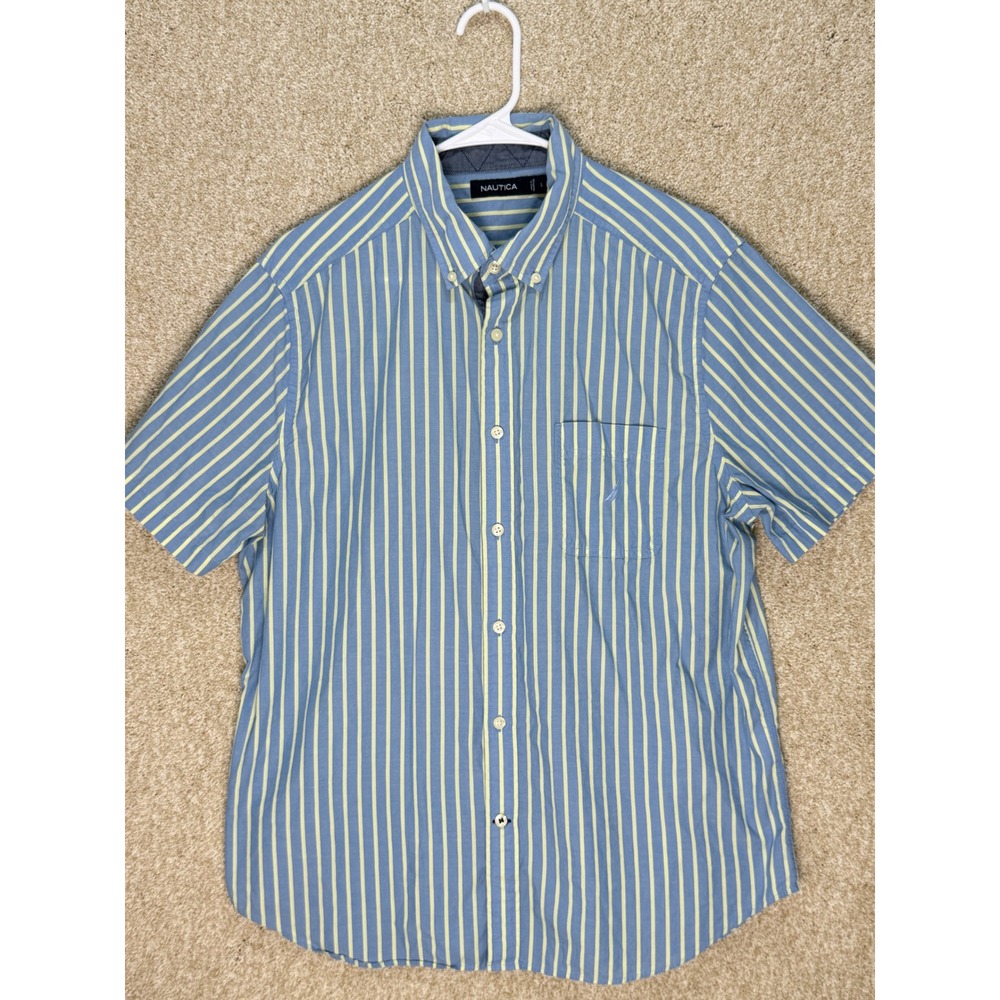 Nautica cotton blue yellow button down shirt short sleeve pocket nautical summer